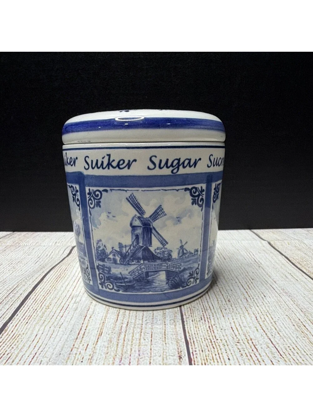 Delfts Blue Delfino Ceramic Sugar Canister Jar w/ Lift-Off Lid Floral